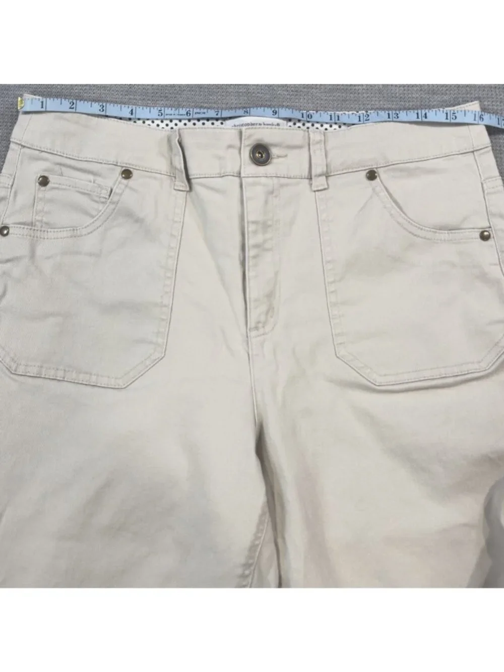 Christopher & Banks Capri Pants Womens Size 10 Beige Button Hem Detail Lt Khaki - Picture 11 of 16